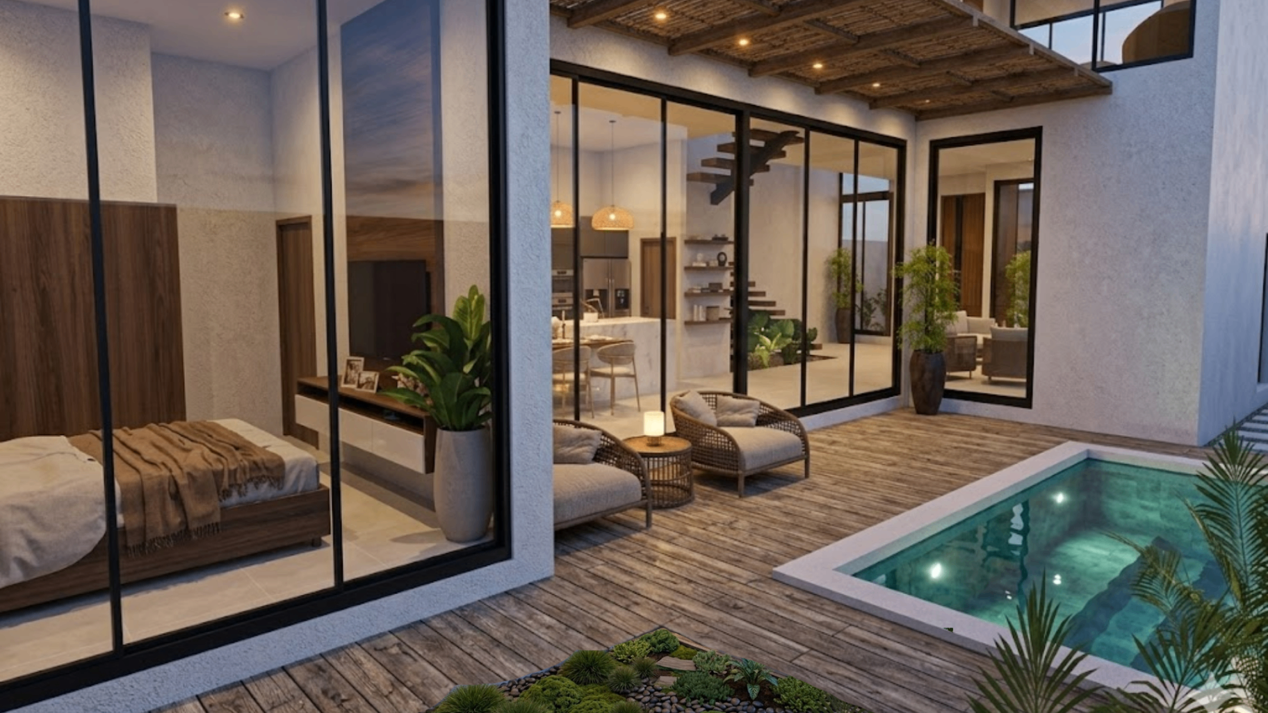 Paradise Bay residence courtyard rendering with pool and interior living spaces